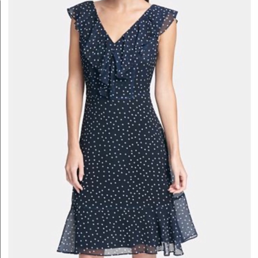 DKNY Ruffle Chiffon polka dot dress